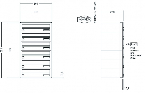 RENZ Briefkastenanlage Unterputz, Schattenfugenrahmen, Kastenformat 370x110x270mm, 6-teilig,